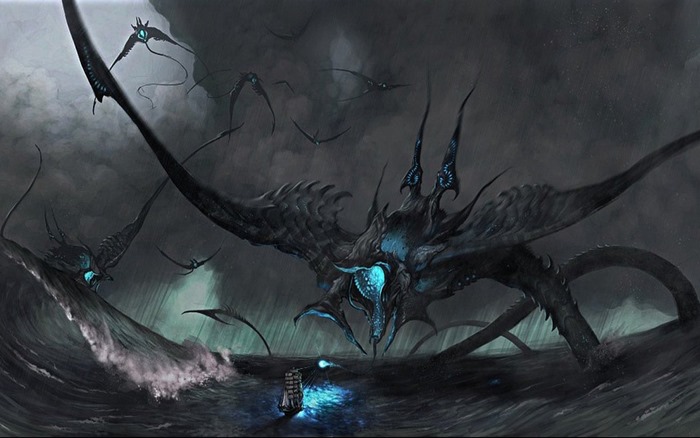 Giant Sea Monster Attacking Ship in Stormy Waters
