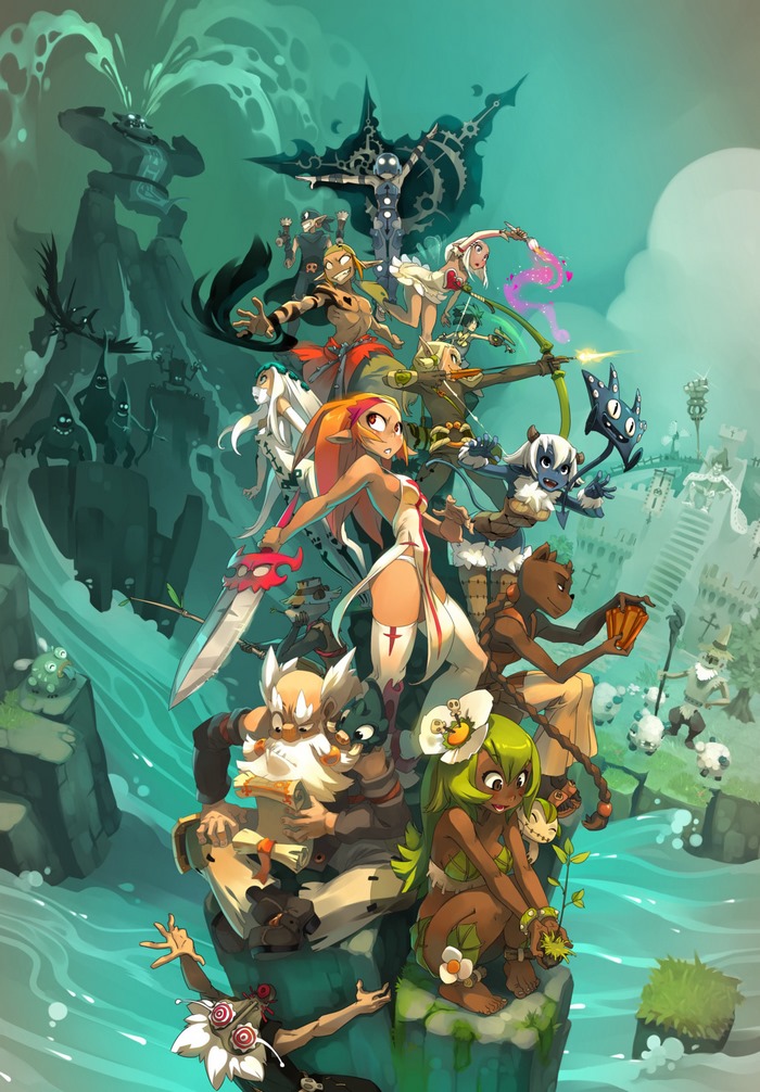 Wakfu characters gathered on a rocky outcrop