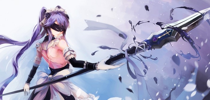 Anime girl with purple twintails and blindfold holding a spear