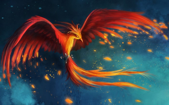 Phoenix bird with fiery wings flying in dark sky