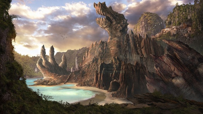 Fantasy landscape with dragon-shaped rock formation and village