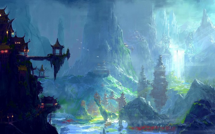 Fantasy oriental architecture on floating islands