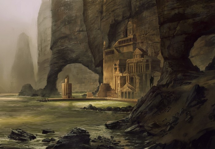Fantasy art of a warrior overlooking a cliffside ancient city by the sea