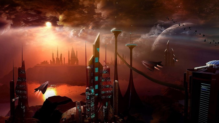 Futuristic Cityscape with Spaceships and Planets