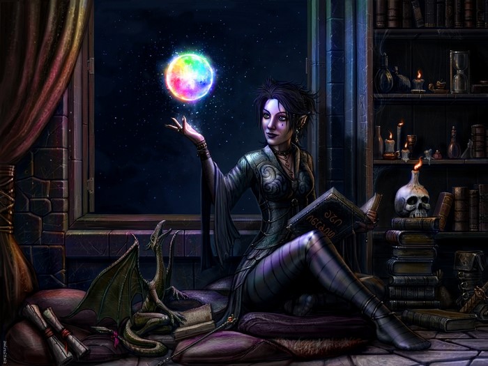 Fantasy witch with dragon and magic moon