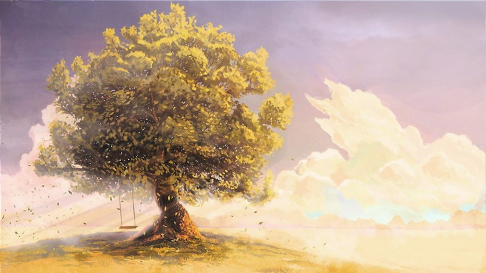 Artwork of a tree with a swing and clouds