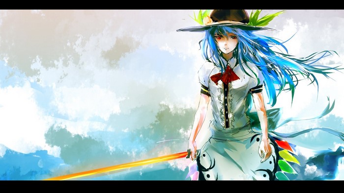 Hinanawi Tenshi from Touhou holding a sword