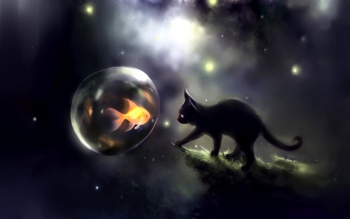Black cat and goldfish in a bubble