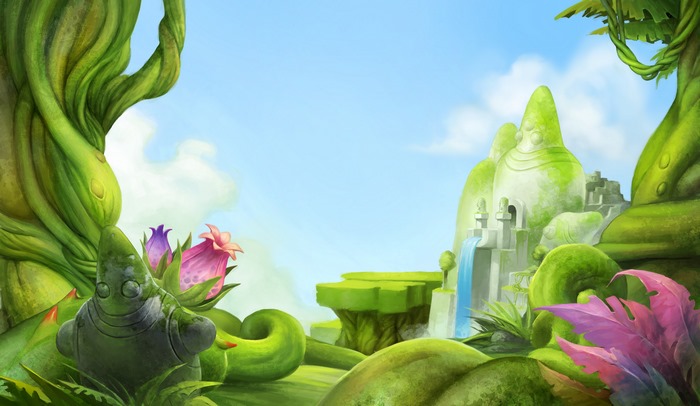 Fantasy art of a mystical jungle with ruins and a statue