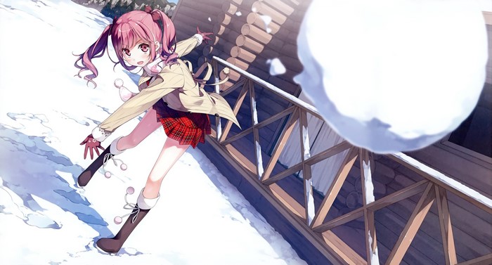 Anime girl with pink hair throwing a snowball