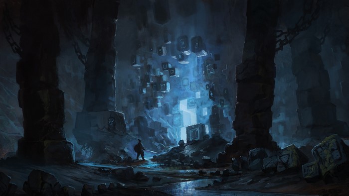 Fantasy art of a cave with floating cubes