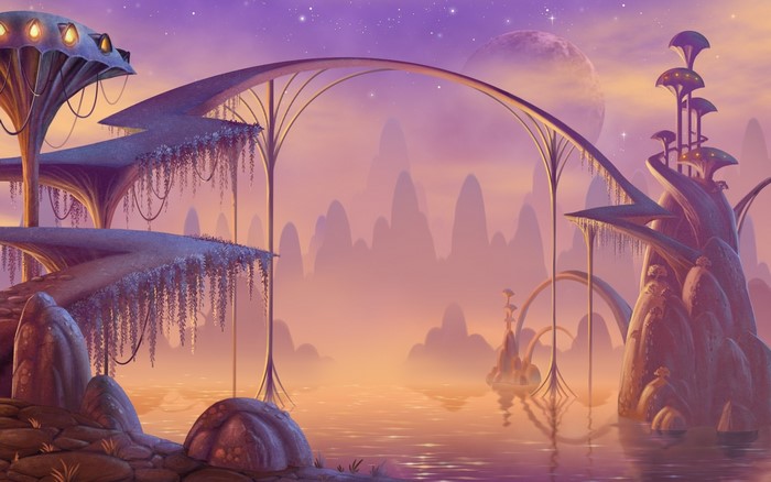 Fantasy landscape with alien flora and a large moon