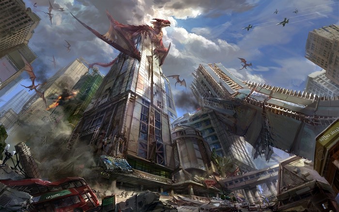 Dragons attacking a destroyed city with fighter jets