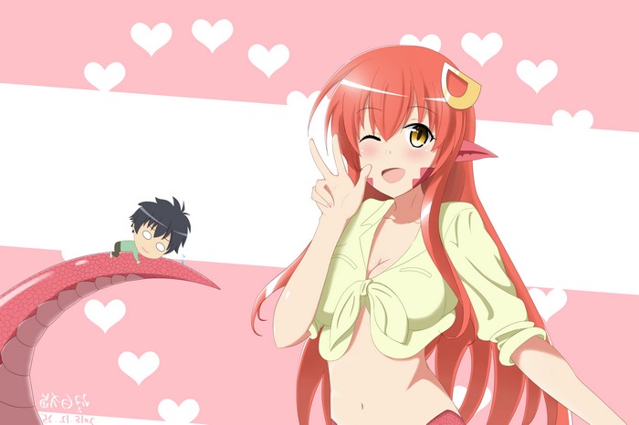 Miia from Monster Musume winks with a man on her tail