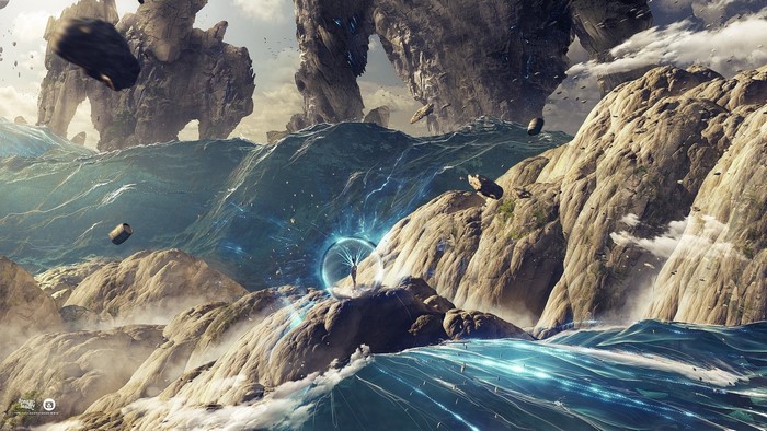 Fantasy art of a portal on a rocky planet with floating islands