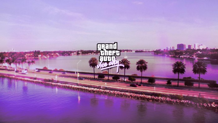 Grand Theft Auto Vice City Logo Over Miami Skyline