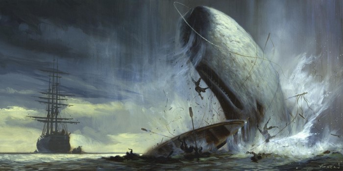 Moby Dick whale attacking a ship and boat