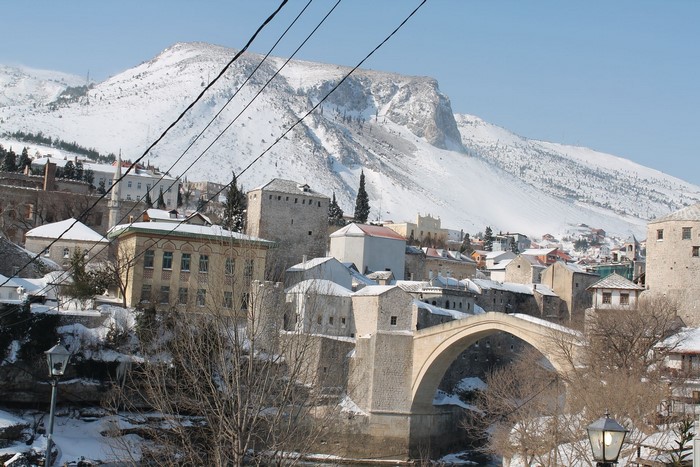 Stari Most bridge in Mostar, Bosnia and Herzegovina in winter
