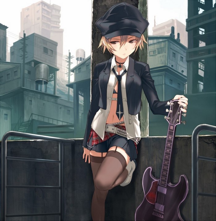 Anime girl with guitar in urban setting