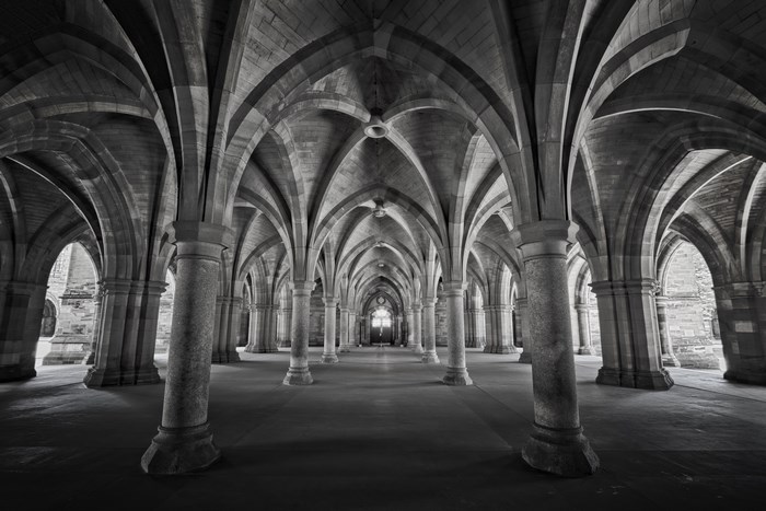 Gothic arches and pillars in Glasgow University cloister
