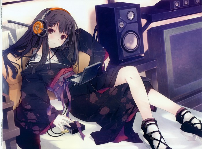 Anime girl in kimono listening to music on headphones