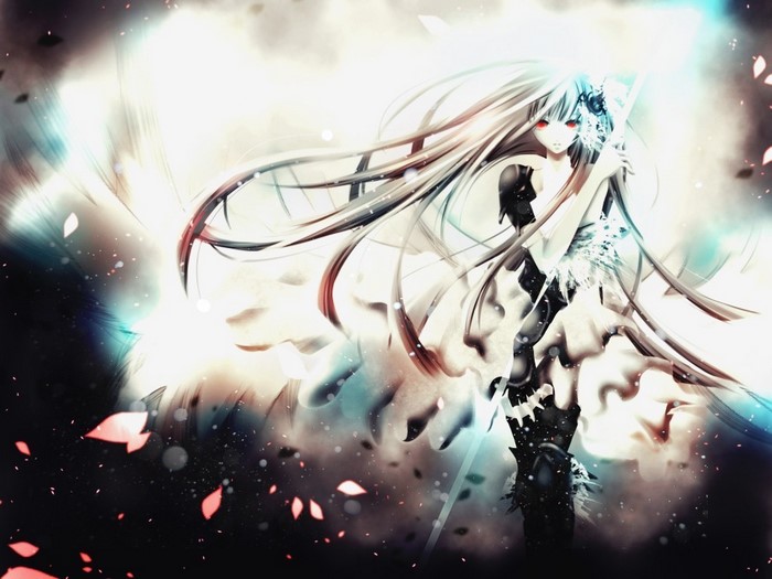 Anime girl with long white hair and red eyes holding a sword