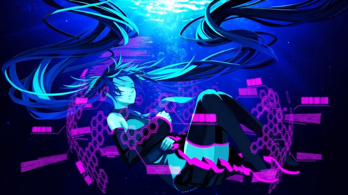 Hatsune Miku floating in digital underwater world