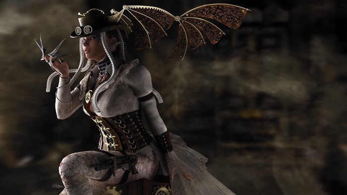 Steampunk woman with mechanical wings and a bird