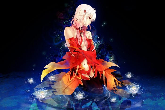 Inori Yuzuriha from Guilty Crown sitting in water with lotuses
