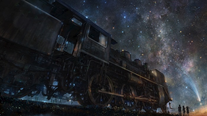 Steam train under a starry night sky with a comet