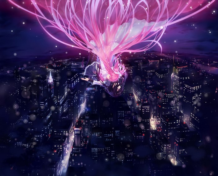 Madoka Kaname falling over a city at night