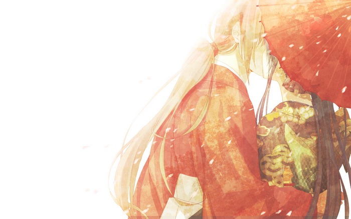 Anime couple kissing under a red umbrella