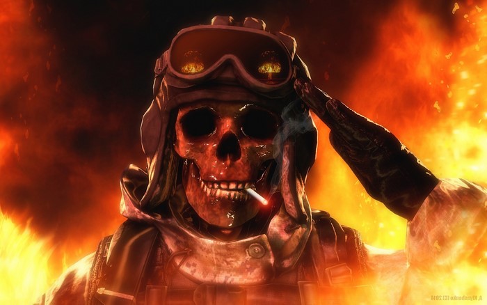 Skull pilot saluting in flames