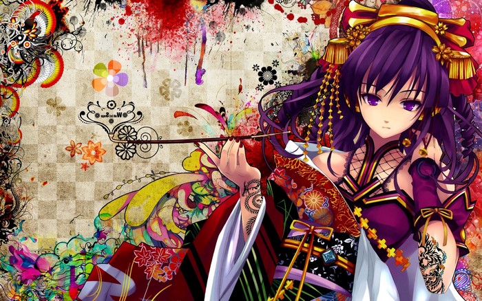 Anime girl in traditional clothing with tattoos