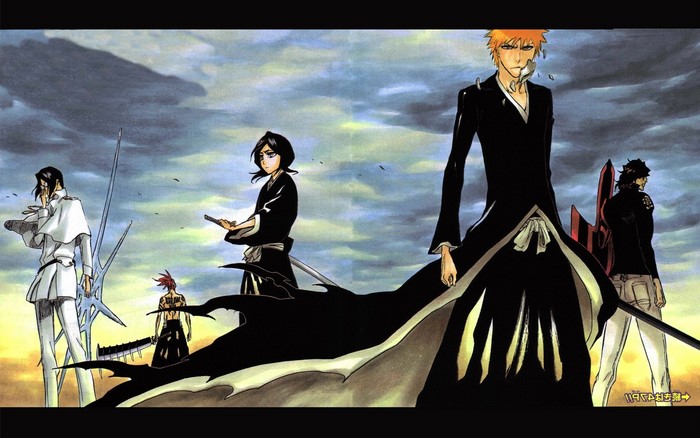 Bleach characters Ichigo, Rukia, Uryu, Renji, and Chad