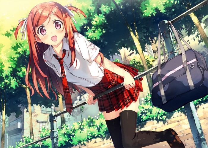 Anime girl in school uniform with plaid skirt