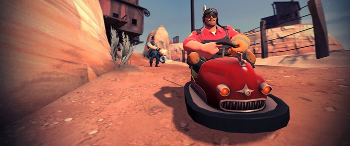 Engineer and Heavy from Team Fortress 2 on scooters