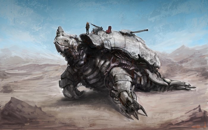 Mechanical turtle with turrets in a desert landscape