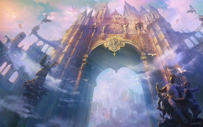 Fantasy cathedral gates with statues and birds