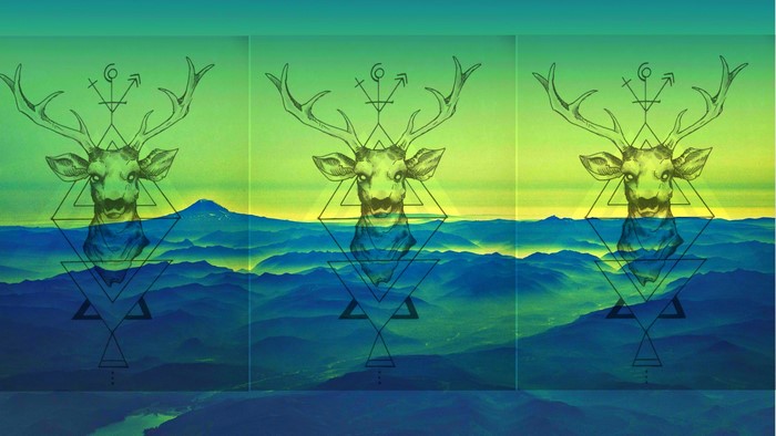 Digital art collage of deer with geometric symbols over mountains