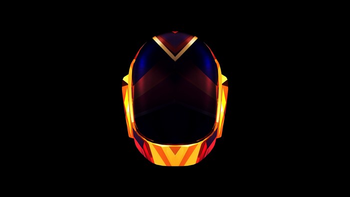Daft Punk helmet with orange and blue geometric patterns