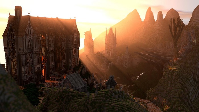Minecraft render of a gothic mansion at sunset