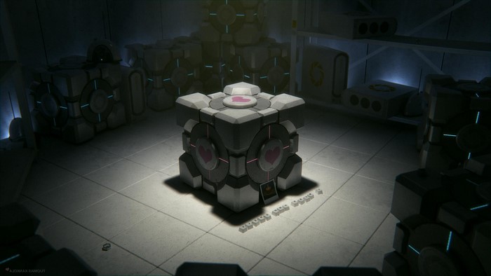 Portal Companion Cube in a dark room