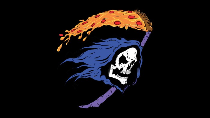 Grim Reaper holding a pizza slice scythe