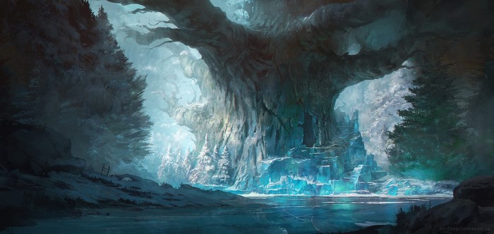 Enchanted Winter Forest with Giant Tree and Ice