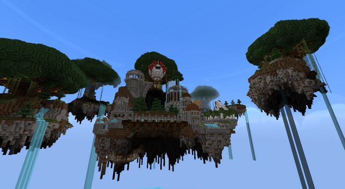 Minecraft floating islands with waterfalls and trees