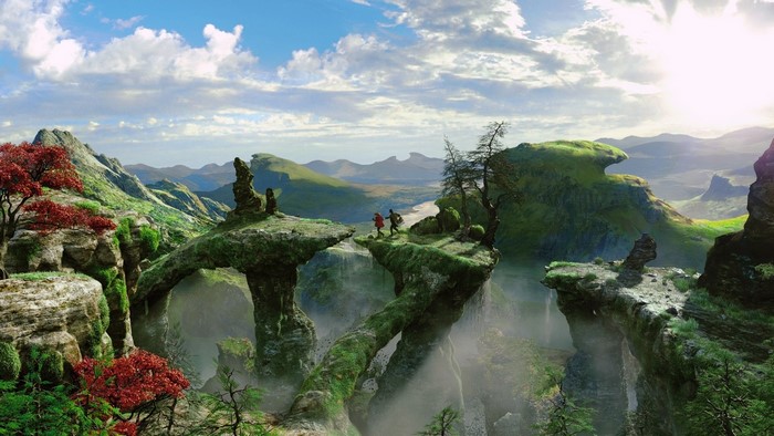 Fantasy landscape with two people crossing a bridge