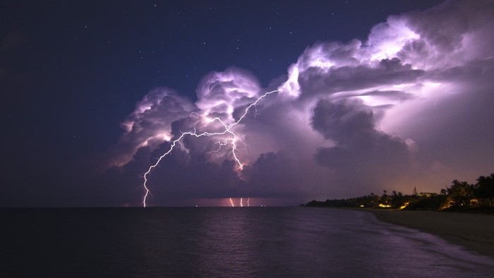Lightning storm over the sea at dusk with palm trees