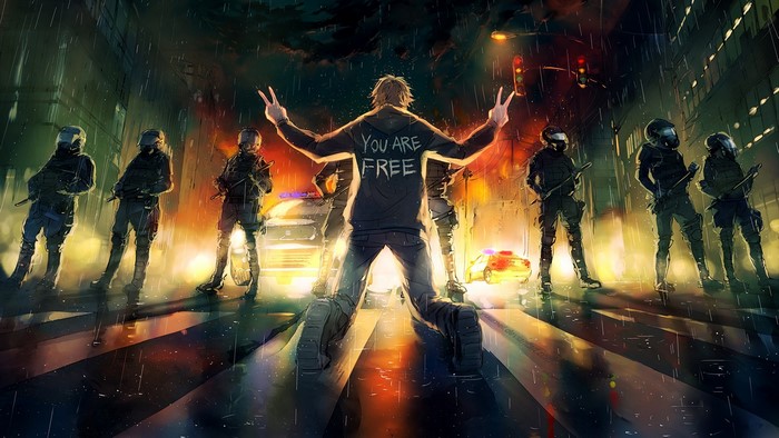 Protester with "You Are Free" on hoodie facing police