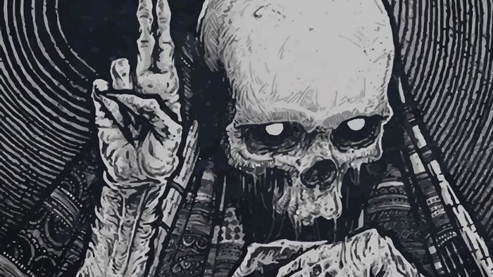 Skeleton with intricate patterns and wavy background